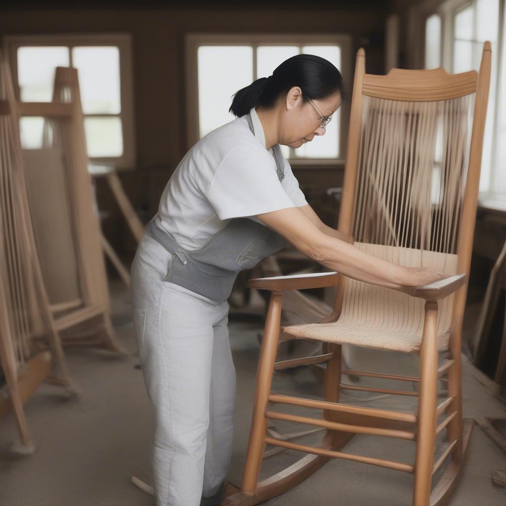 Preparing a rocking chair frame for weaving, including cleaning and securing the frame.