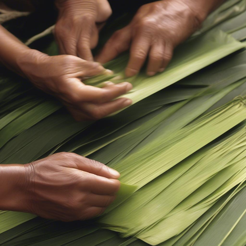 Close-up of hands preparing lauhala leaves for weaving, showing the cutting and softening process.