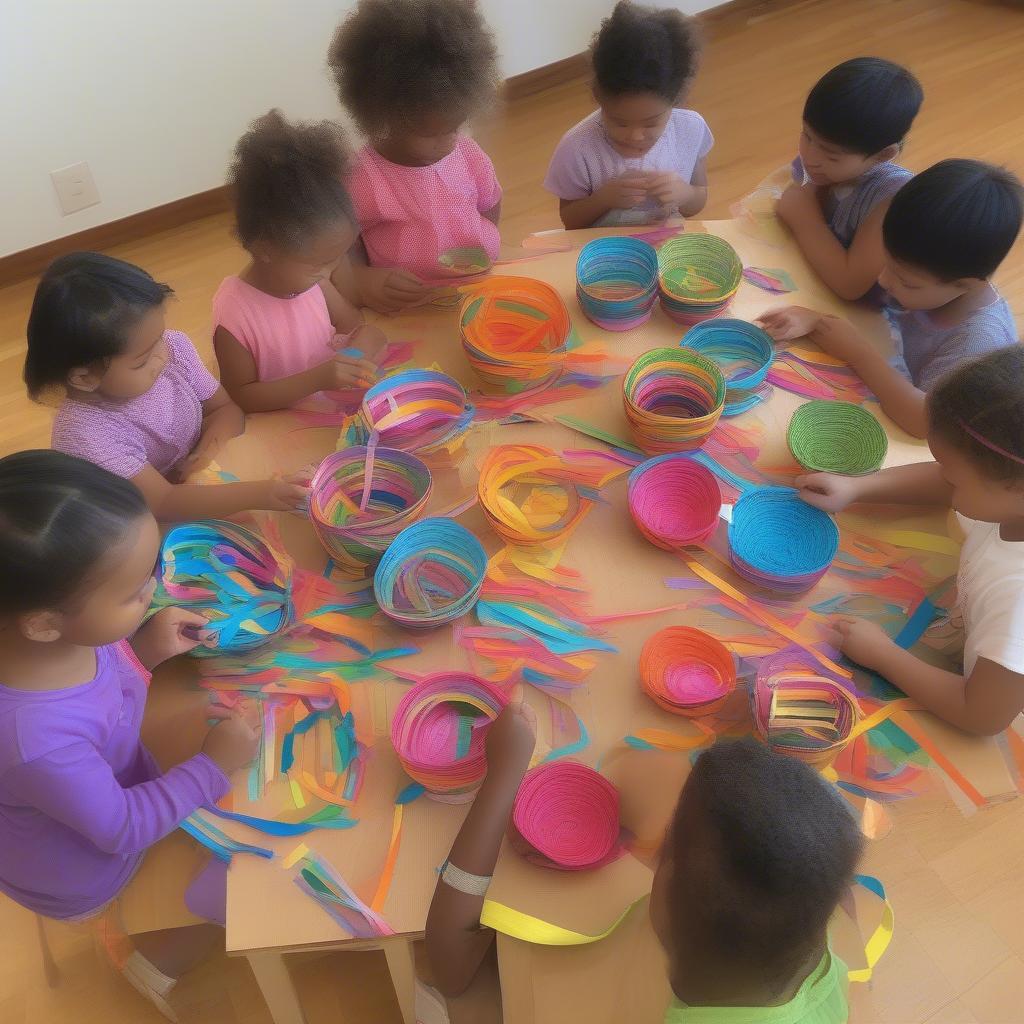 Preschoolers Learning to Weave Paper Baskets