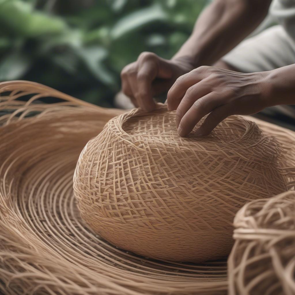 Close-up of hands weaving a traditional Philippine basket using nito vines.