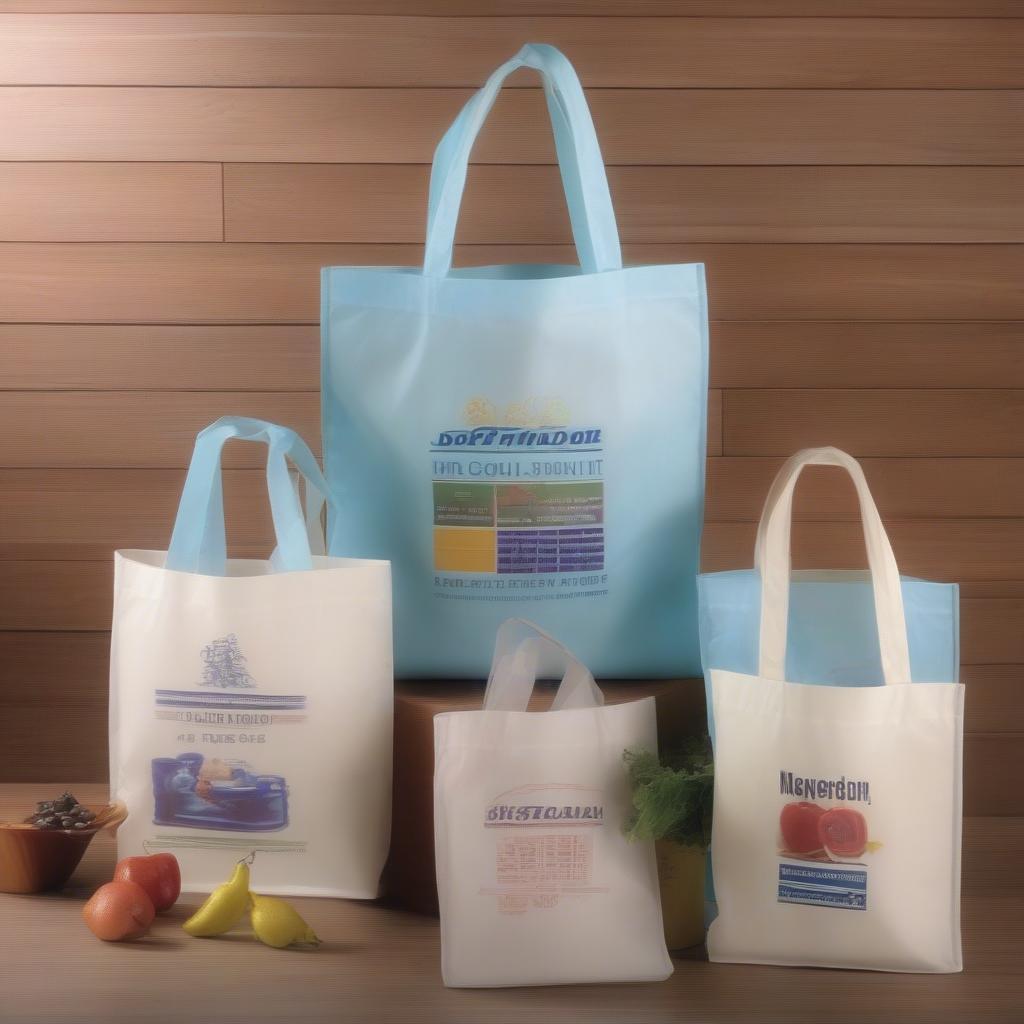 Various printed non-woven shopping bags displayed in different sizes, colors, and print designs