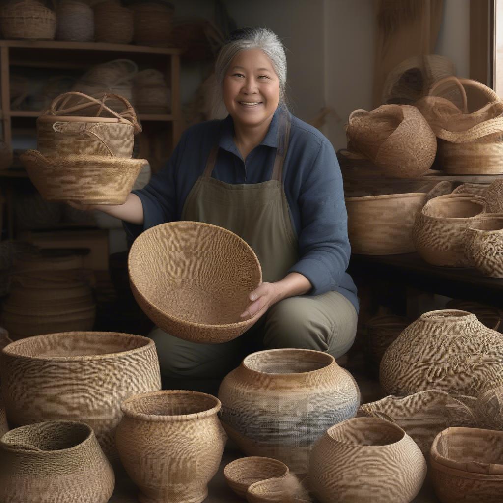 Professional Basket Weaver in their Studio Surrounded by Finished Baskets