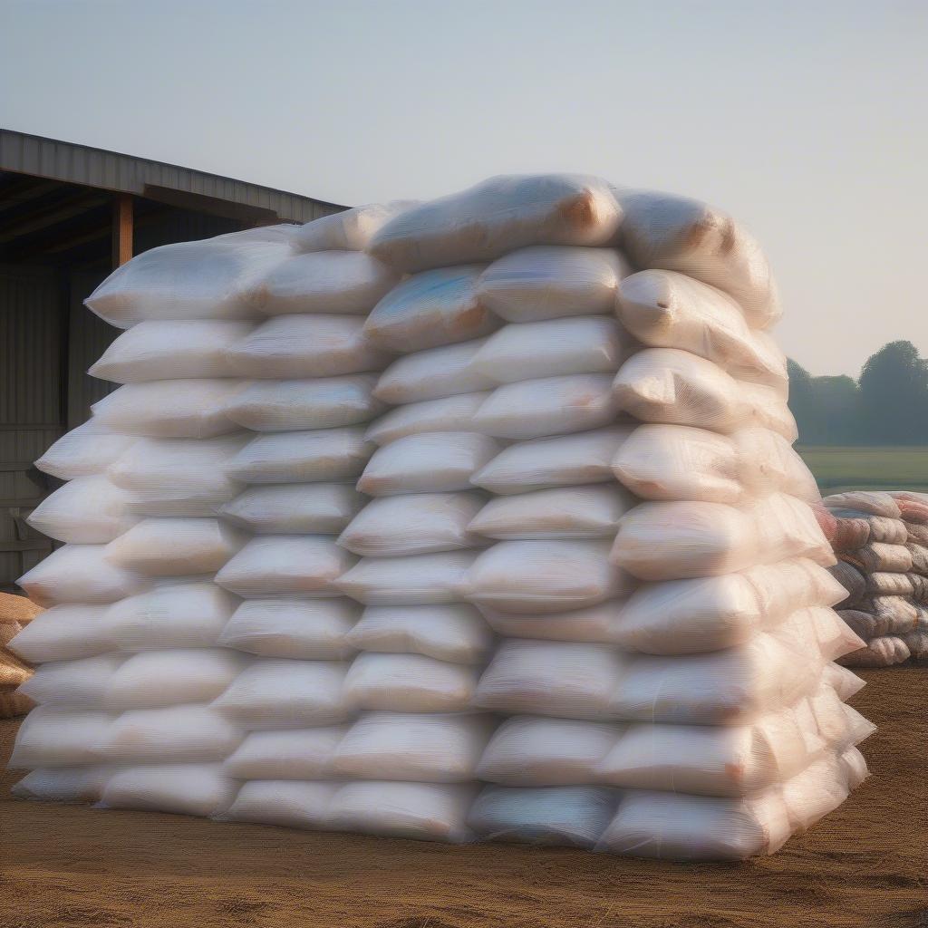 Proper storage of woven plastic bags on a farm.