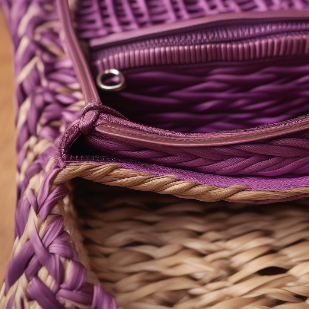 Close-up of a purple straw woven clutch bag showing intricate details