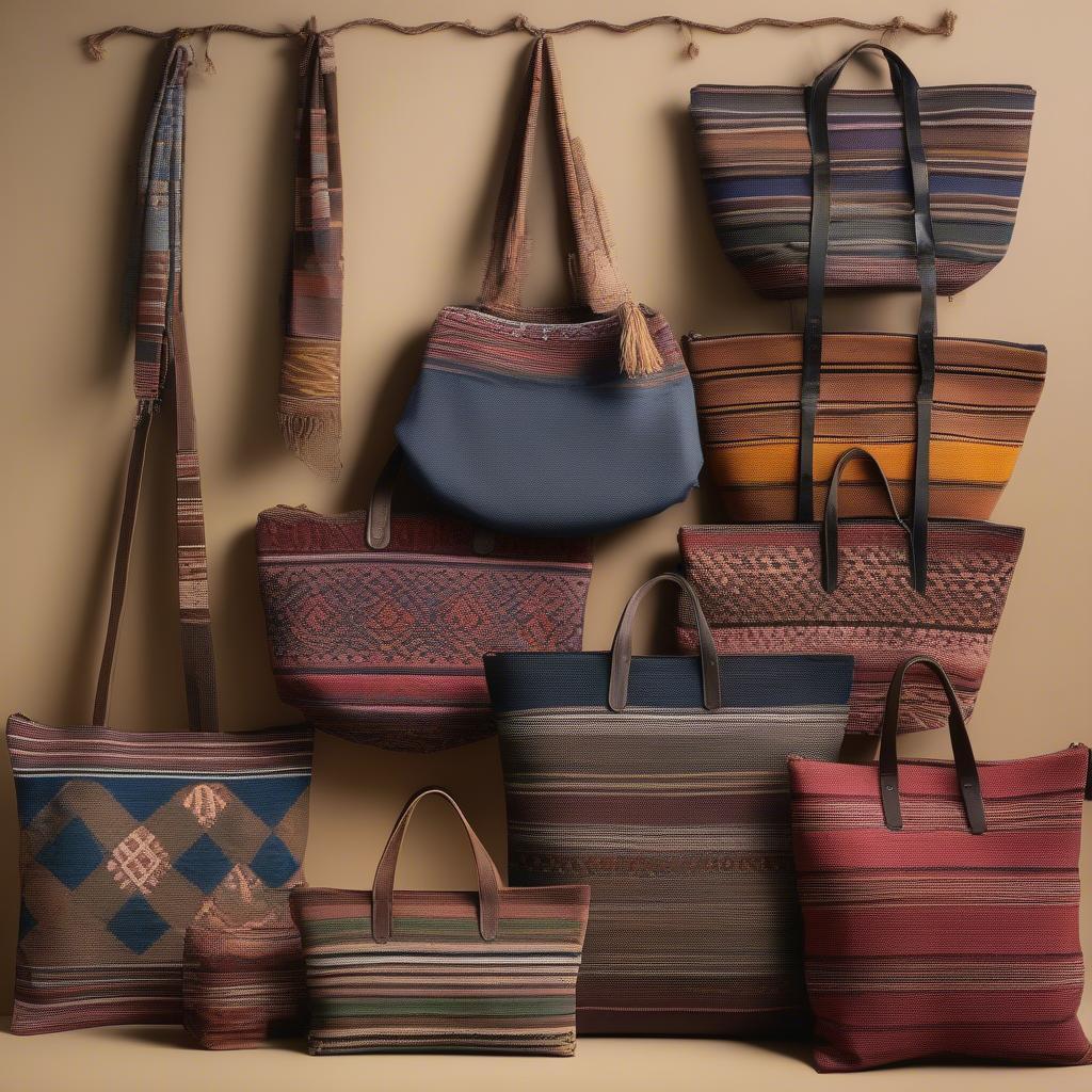 A variety of Qashqai flat weave bags in different sizes, colors, and designs.