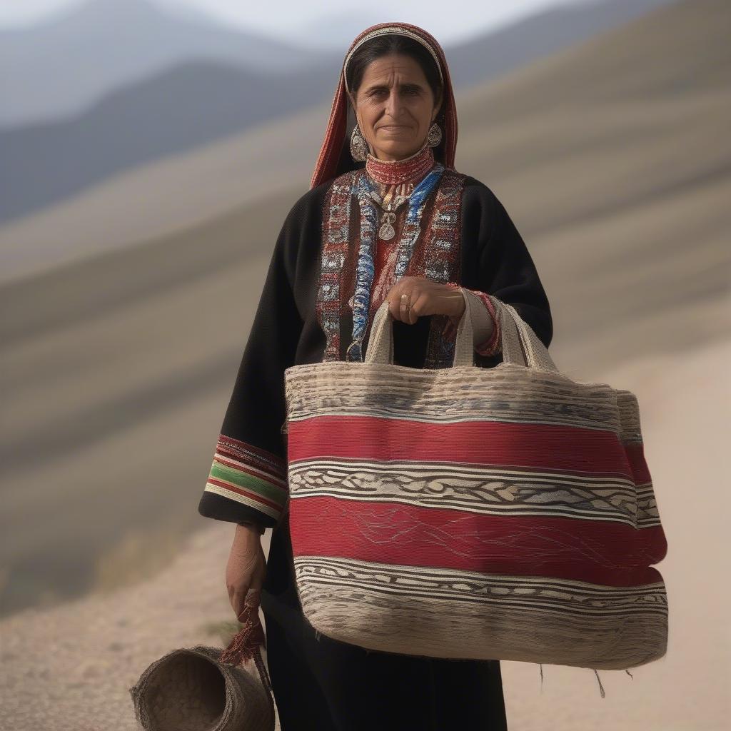 A Qashqai woman wearing a traditional outfit and carrying a flat weave bag.