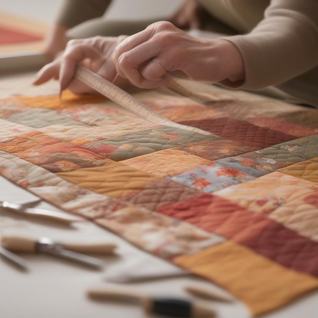 A quilter meticulously working on a basket weave quilt, showcasing the process of piecing together the fabric strips.