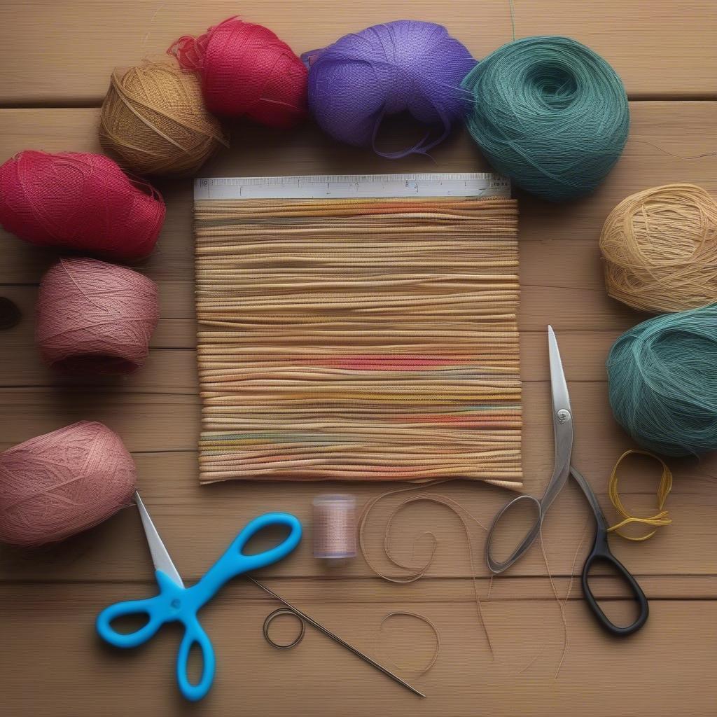 Raffia, scissors, measuring tape, and tapestry needle on a wooden table, ready for bag weaving.