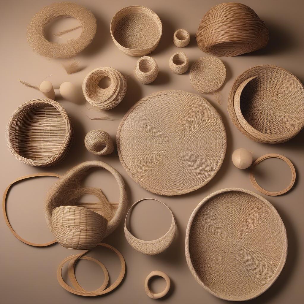 Different types of bases for raffia basket weaving including pre-made bases, wooden rings, and cardboard cutouts.