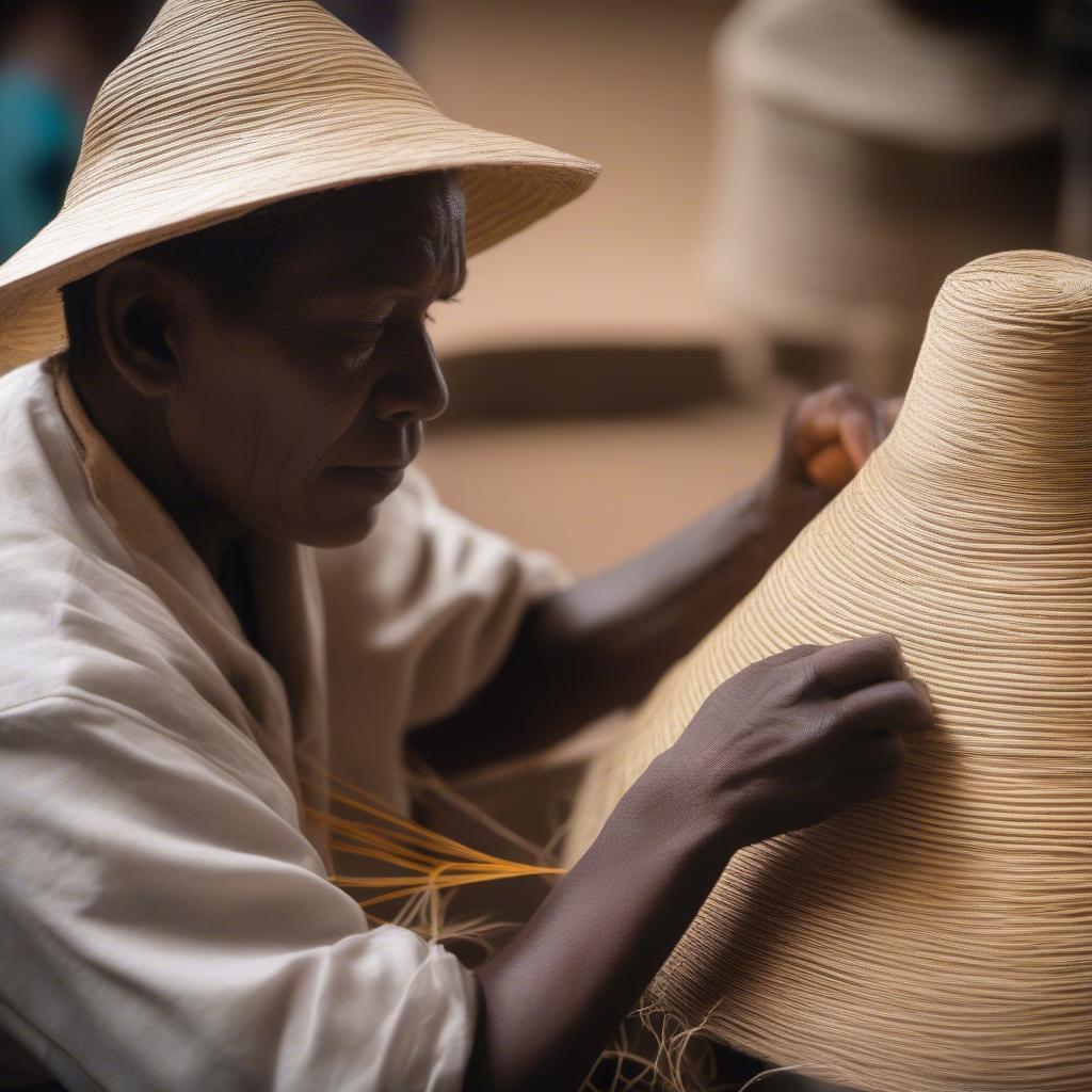 An artisan weaving a raffia hat