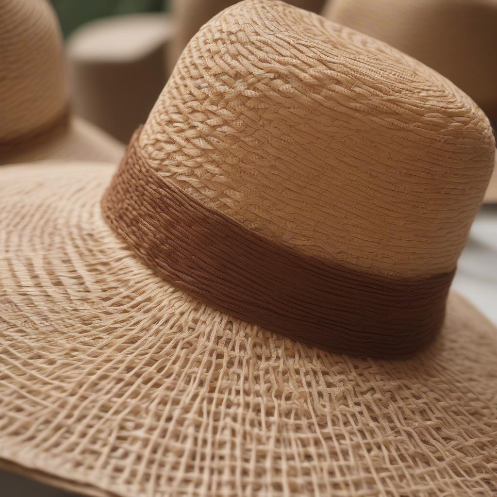 Close-up of a raffia weaving hat showing the intricate details of the weave