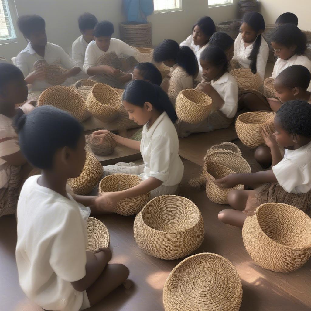 Students Learning Rafia Basket Weaving in a Classroom Setting