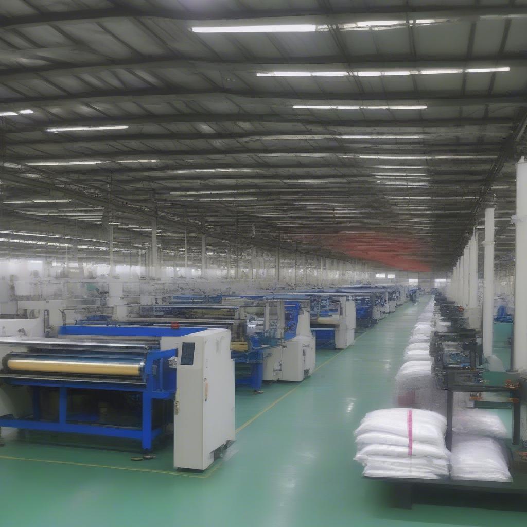 Interior view of a non woven bag factory in Rajkot showcasing modern machinery and skilled workers.