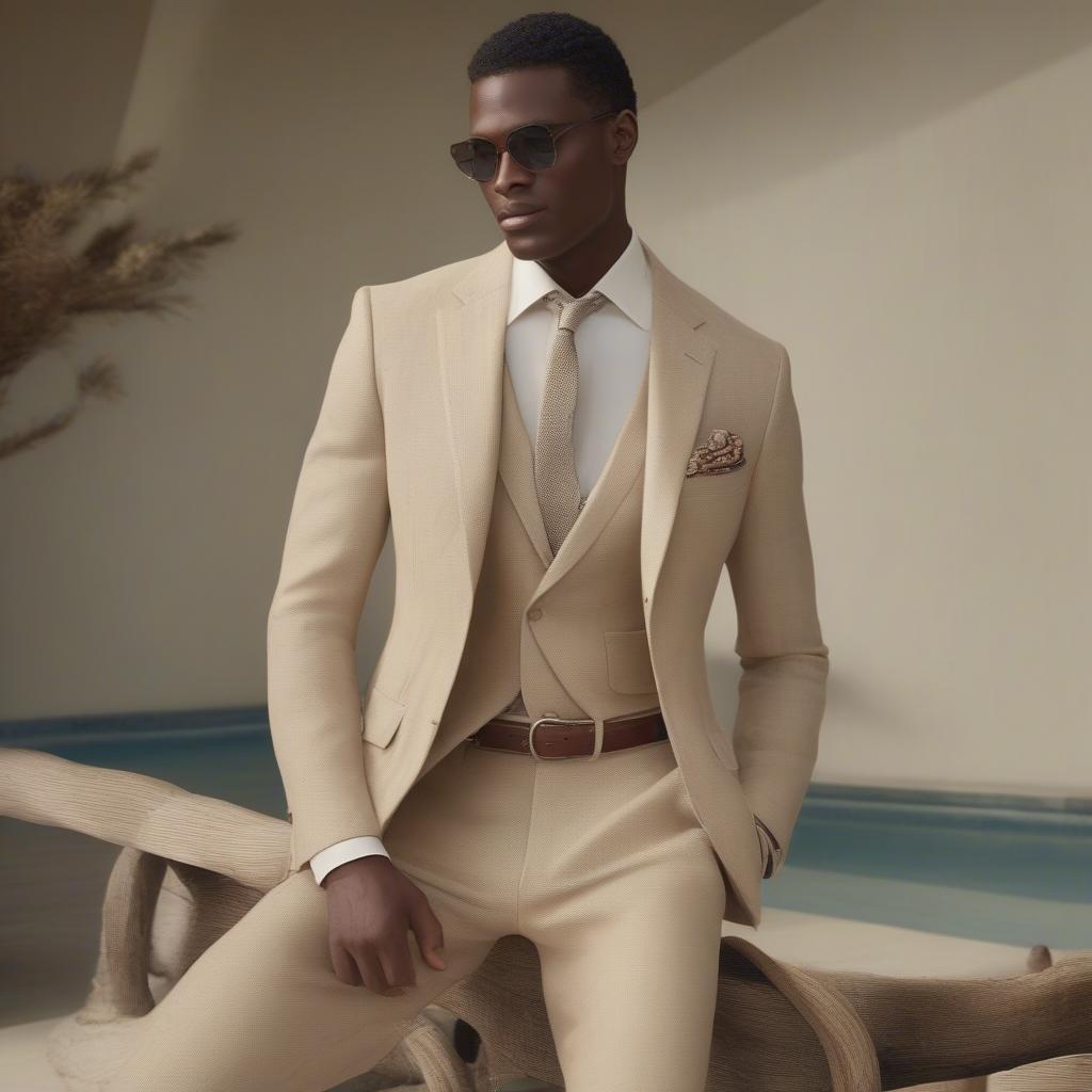 A model wearing the Ralph Lauren Morgan basket-weave linen suit