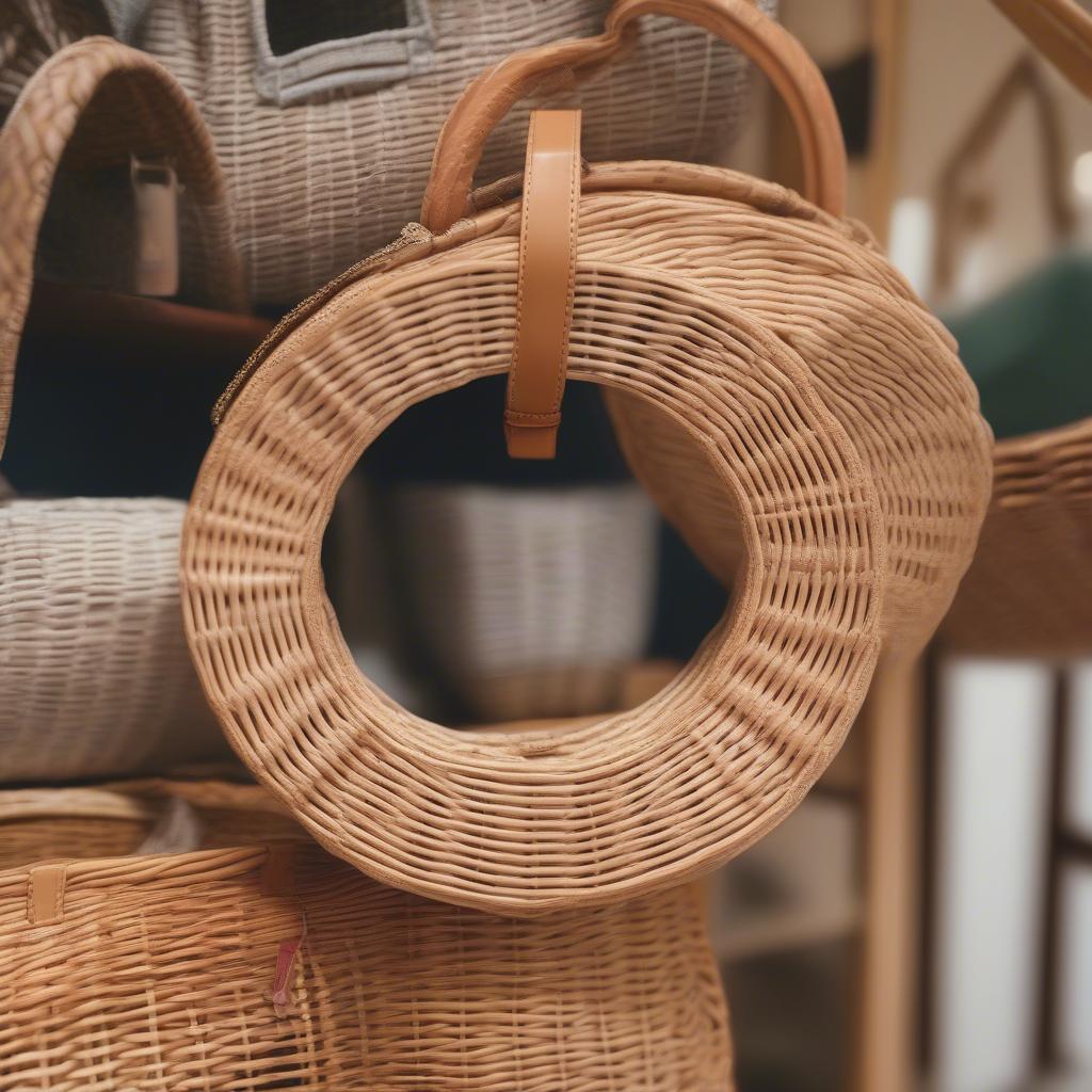 Close-up comparison of rattan and wicker weave circle bags