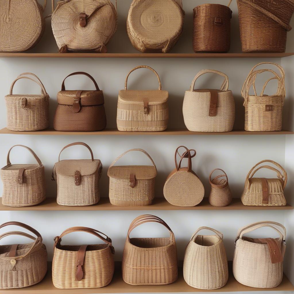 Various styles of rattan and wicker cross body bags.