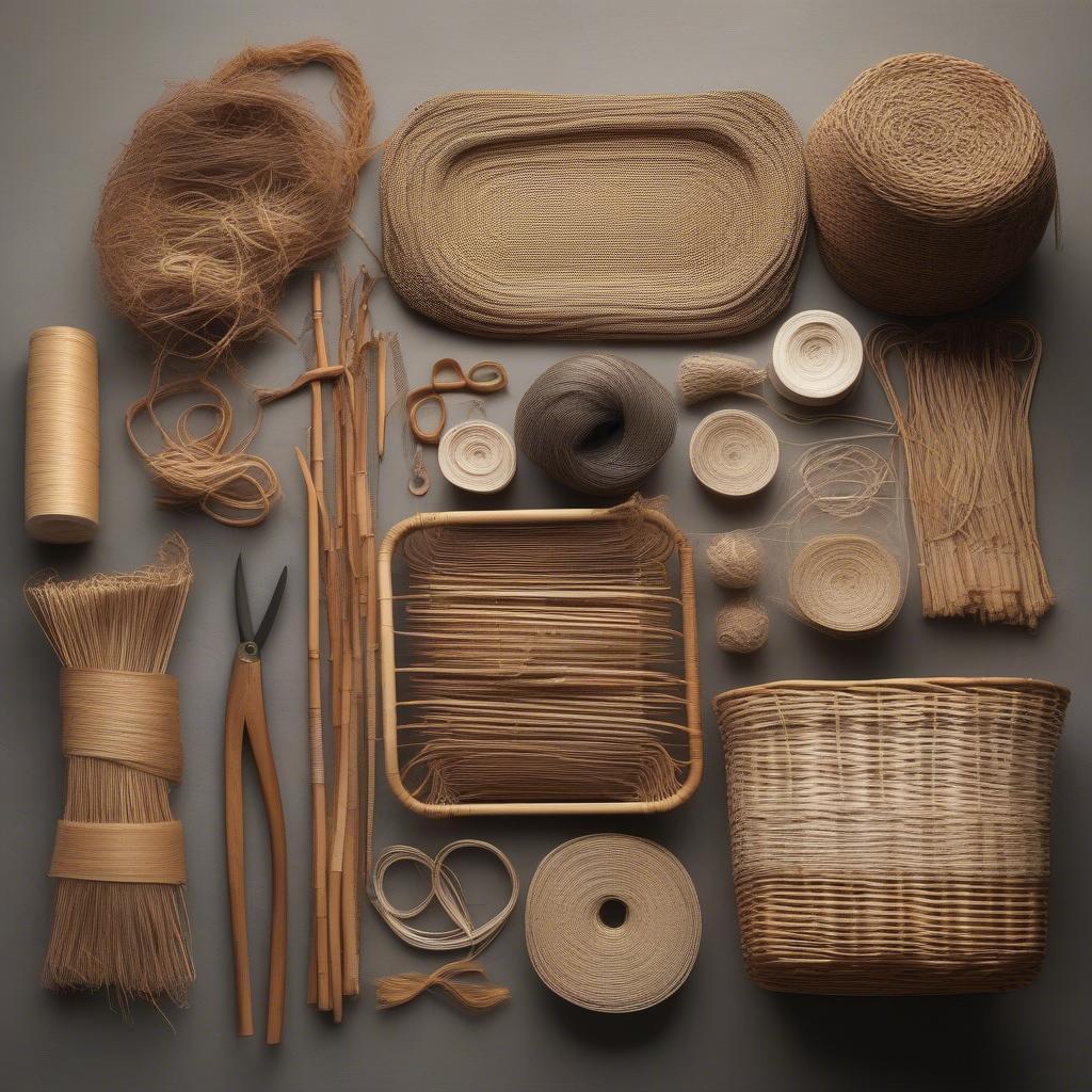 Various materials used for dobby basket weaving, including rattan, wicker, and other natural fibers.