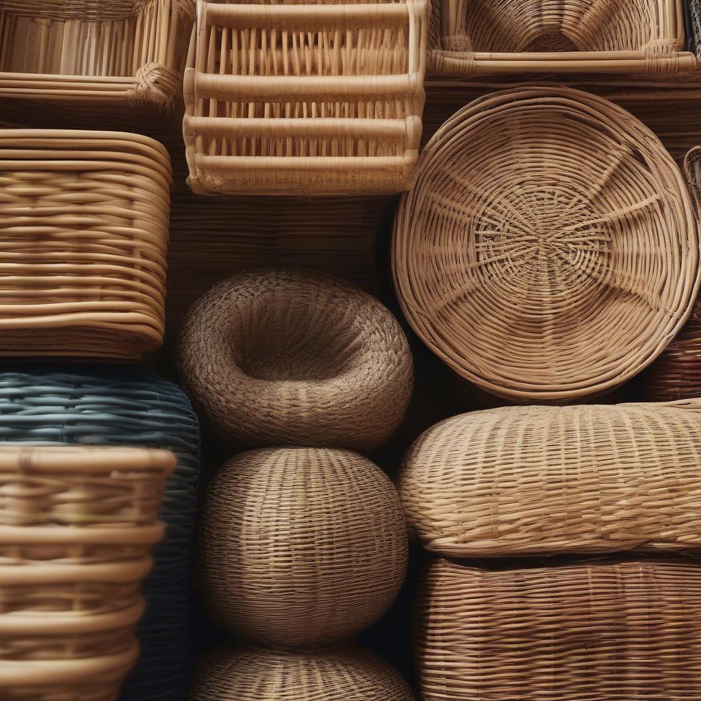 Close-up of rattan and wicker materials used in basket weaving, showcasing their texture and color.