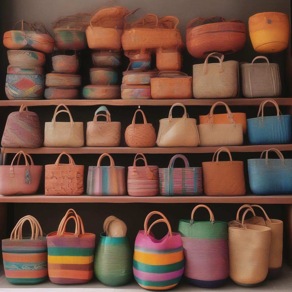 A display of various Mexican woven bags made from rattan and wicker, showcasing different sizes, shapes, and patterns.