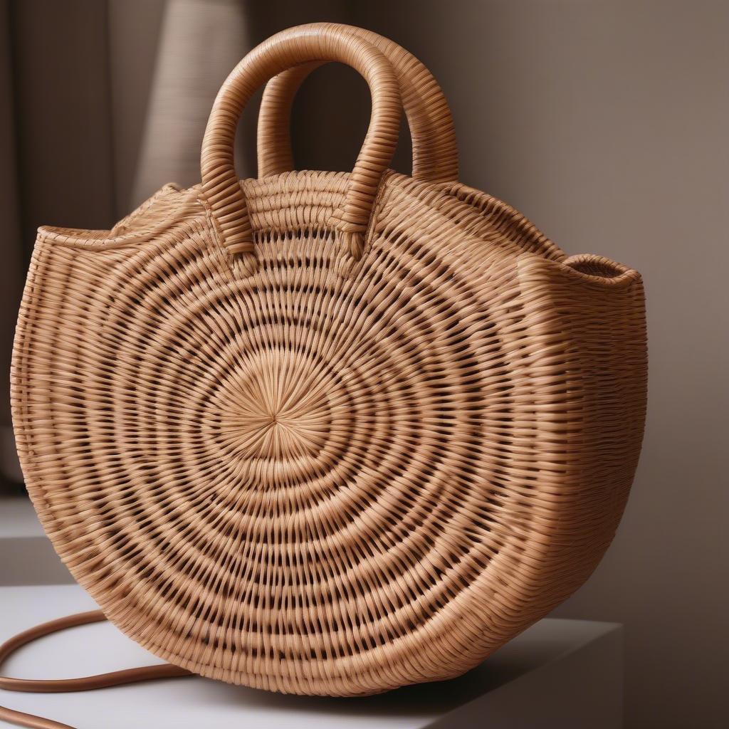 Close-up view of the intricate weaving and high-quality craftsmanship of a rattan bag.