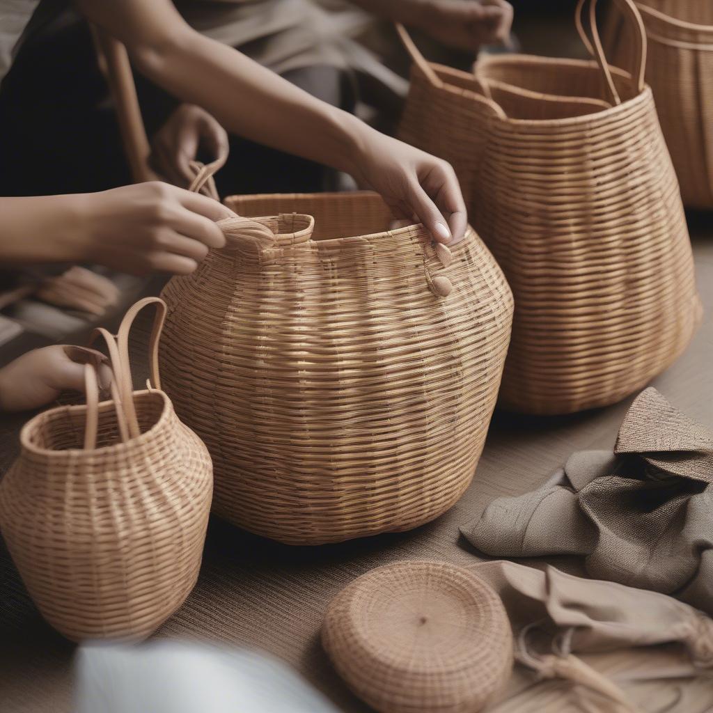 Skilled artisans meticulously hand-weaving rattan into intricate bag designs, showcasing the traditional craftsmanship involved in creating wholesale rattan woven bags.