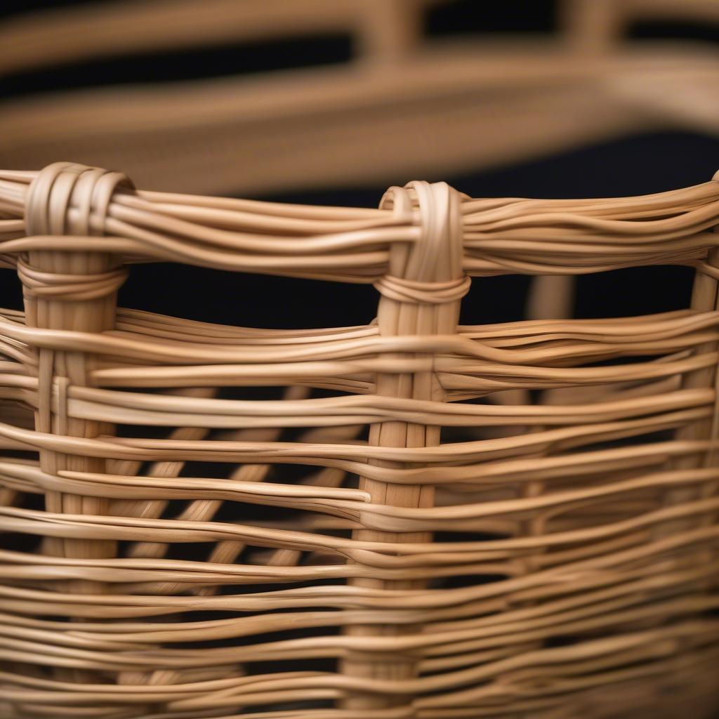 Close-up of a rattan basket woven by a Wisconsin artisan, highlighting the intricate detail and craftsmanship.