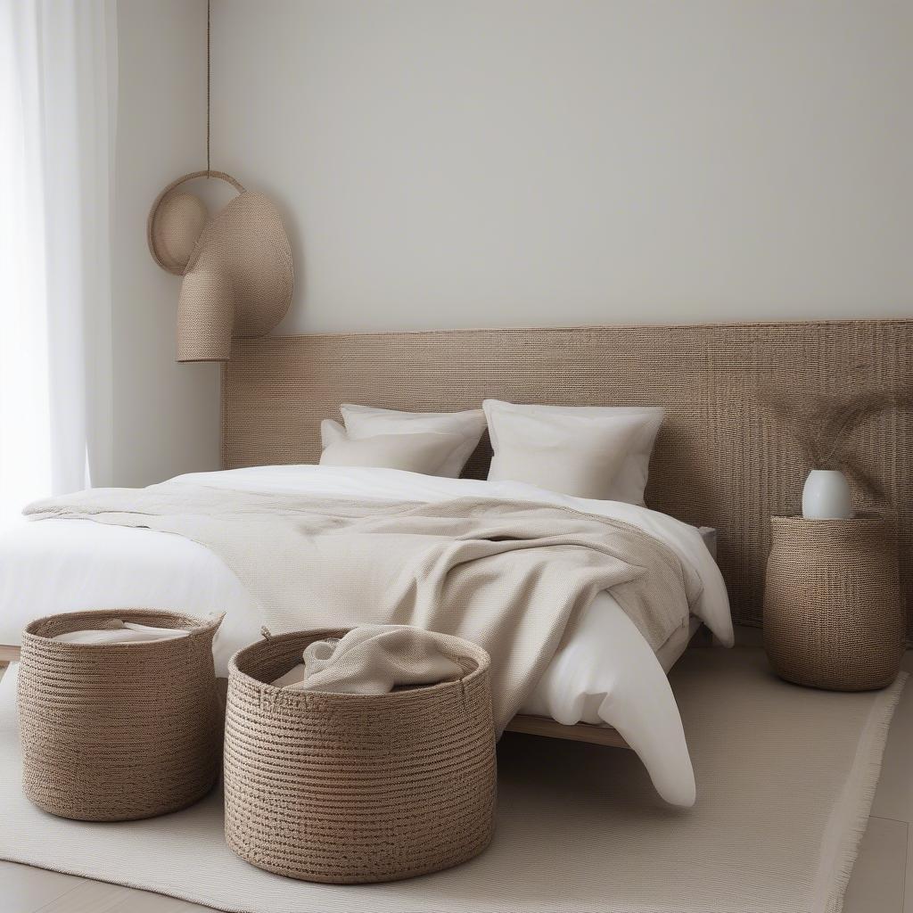 Rattan basket weave storage solutions in a minimalist bedroom.