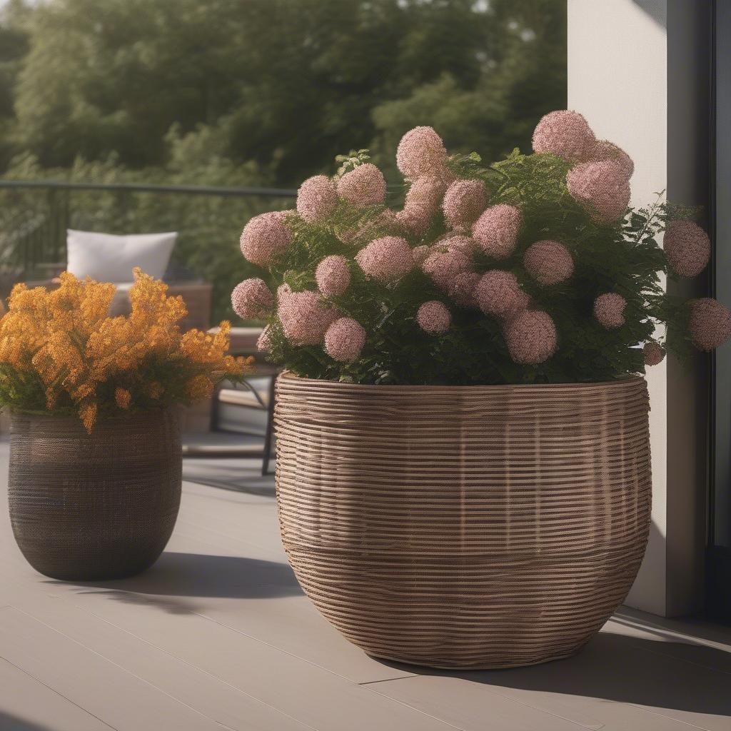 A rattan basket weave outdoor pot on a patio, showcasing a thriving plant and blending seamlessly with the surrounding furniture.