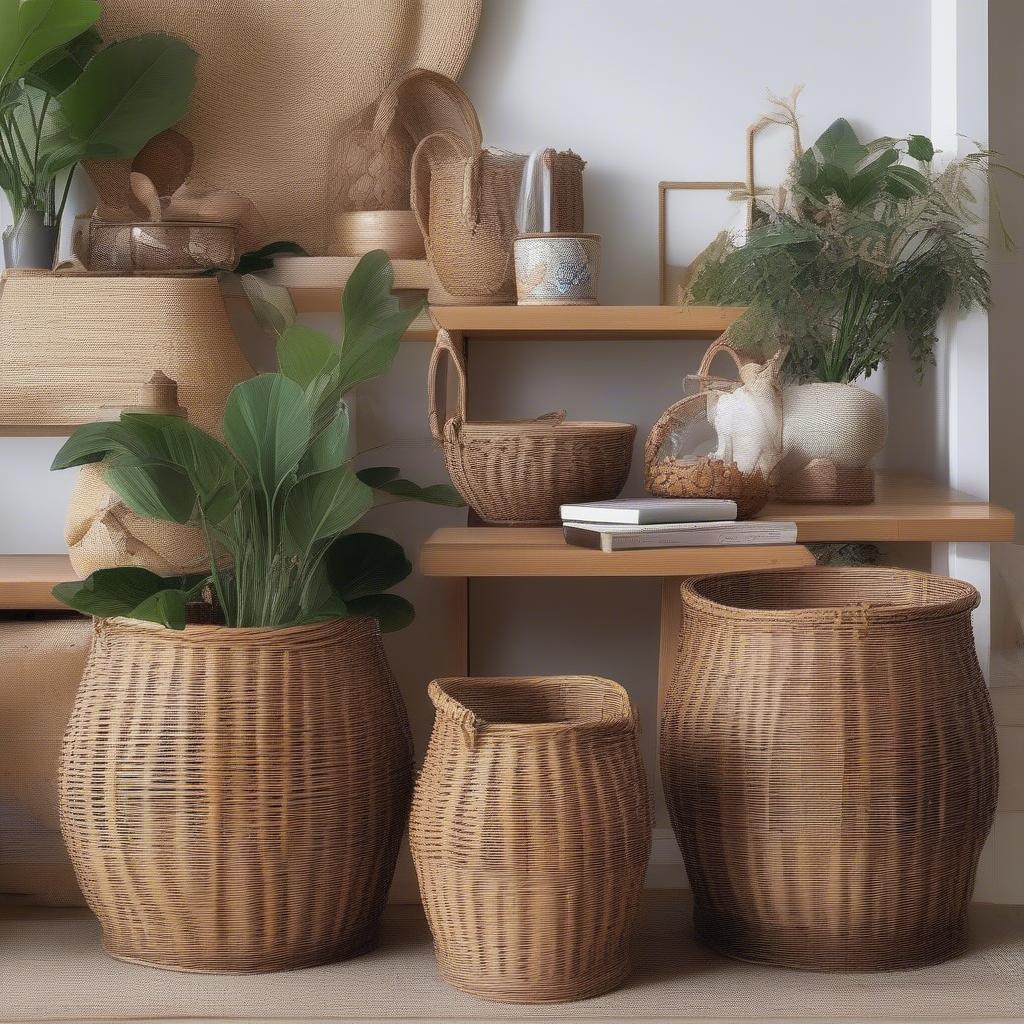 Rattan baskets used as stylish home decor elements.