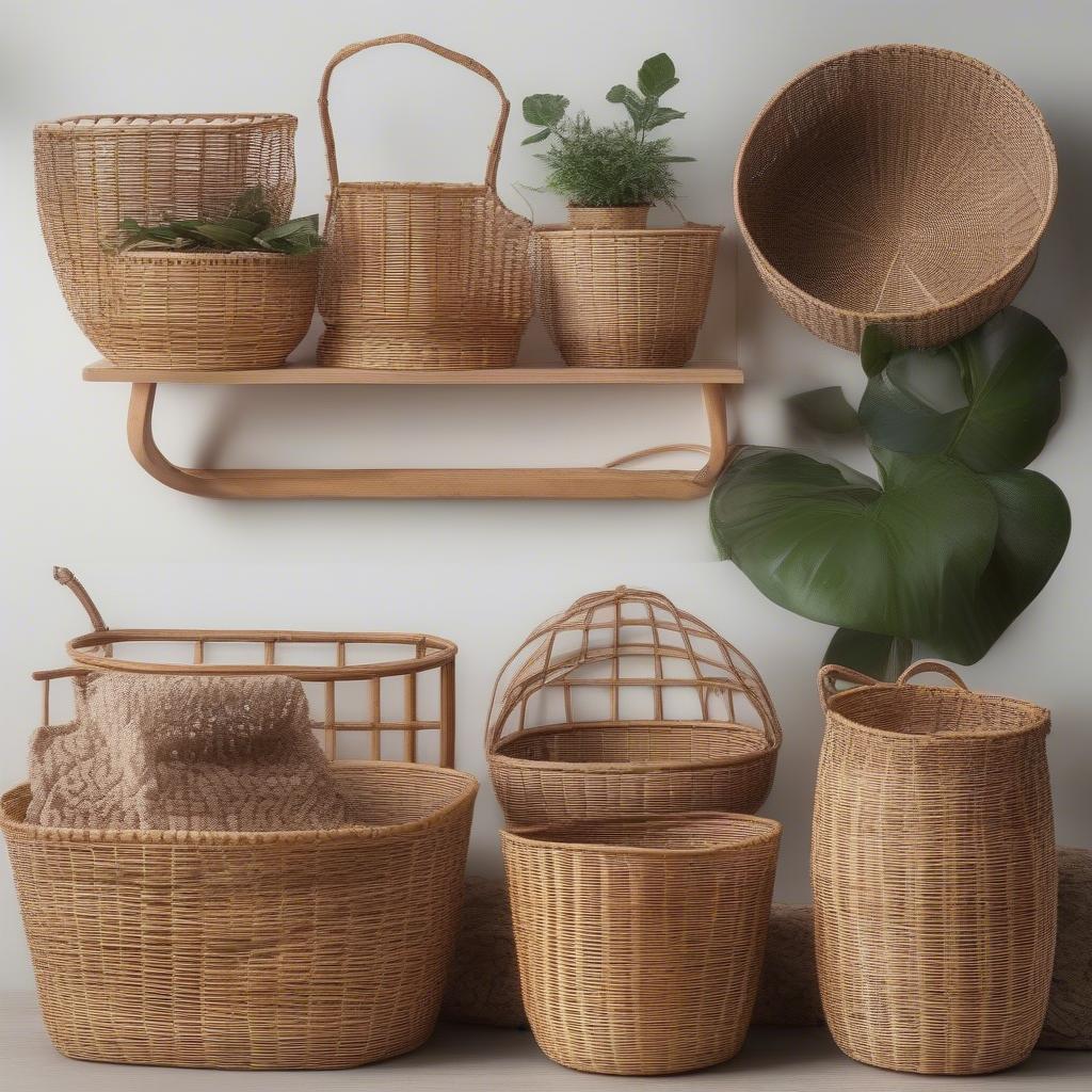 Variety of rattan baskets in different shapes and sizes