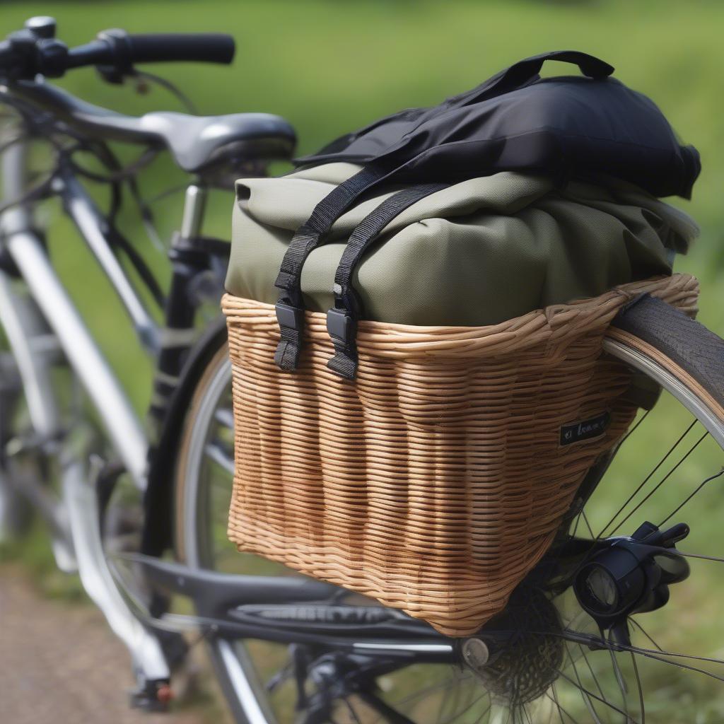 Sturdy rattan bike weave basket attached to a rear bicycle rack.