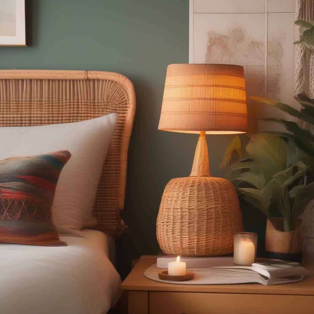 Rattan Lamp Shade in Bohemian Bedroom