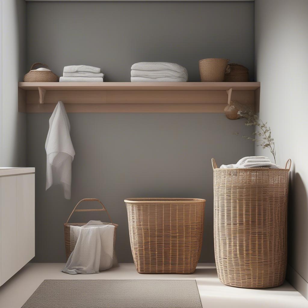 Modern laundry room featuring an open weave rattan laundry basket, showcasing its stylish and functional design.