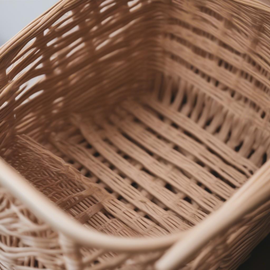 Close-up of an open weave rattan laundry basket, highlighting the gaps between the weaves for ventilation.