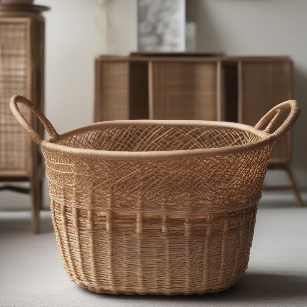 A close-up of a beautifully crafted oblong rattan basket with sturdy handles, perfect for carrying and storage.