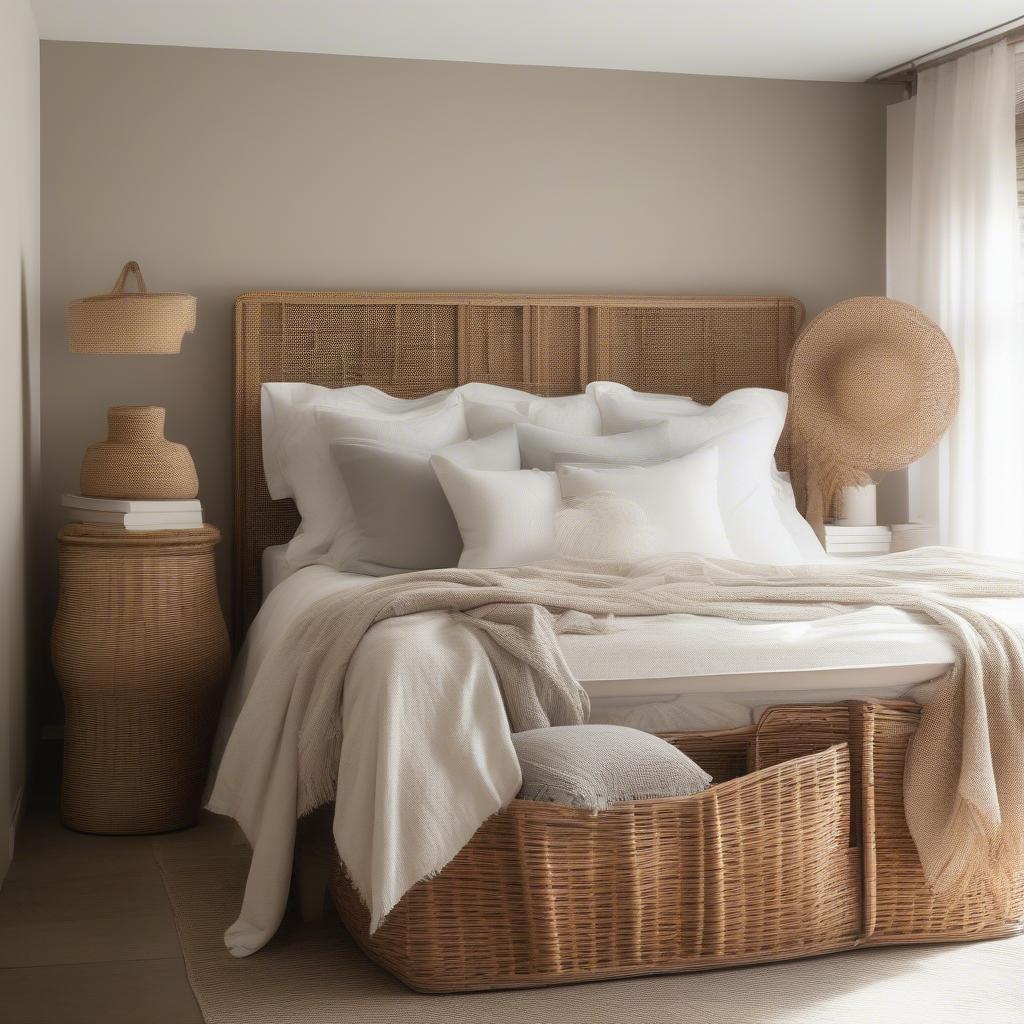 Rattan open weave basket used as a storage solution in a bedroom.