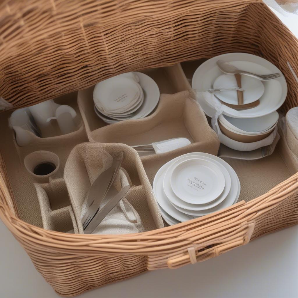 Rattan Picnic Basket with dedicated compartments for dishes and cutlery.