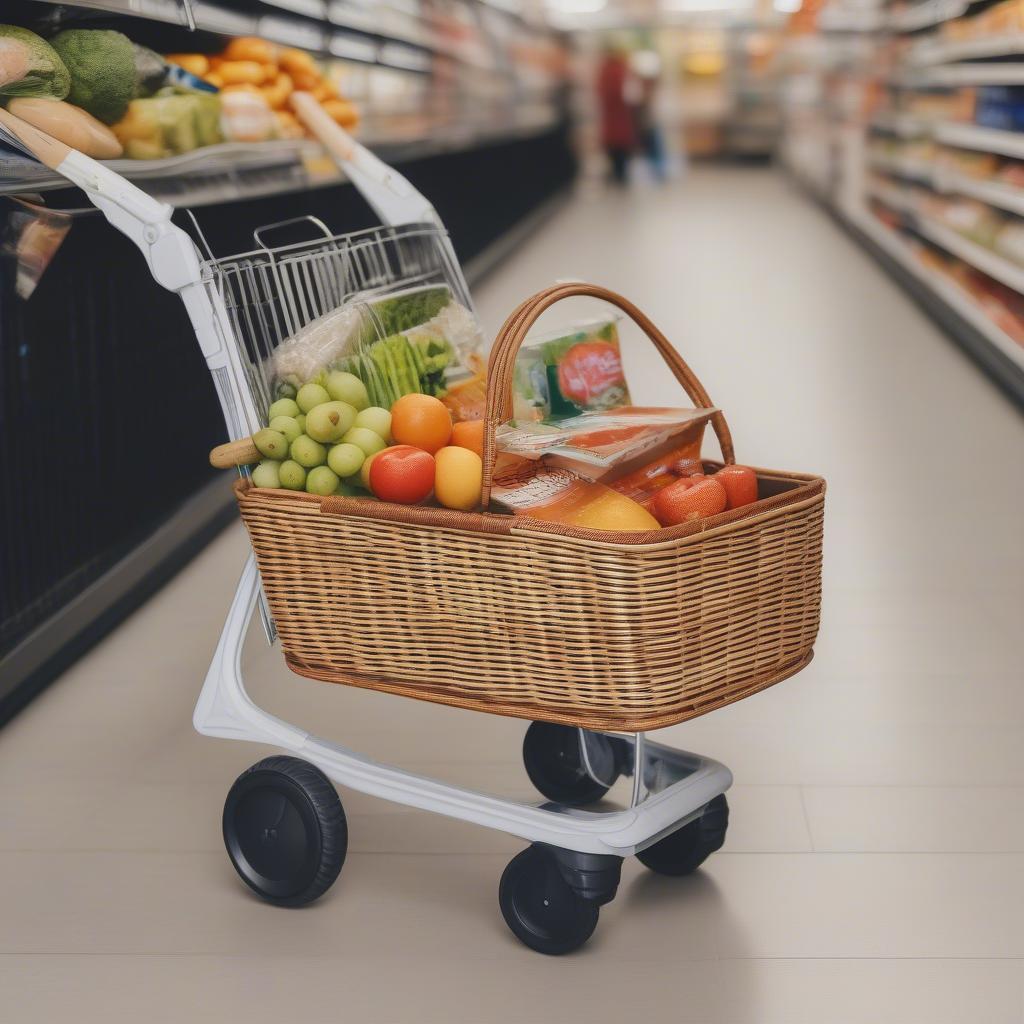 Rattan shopping basket with wheels for grocery shopping