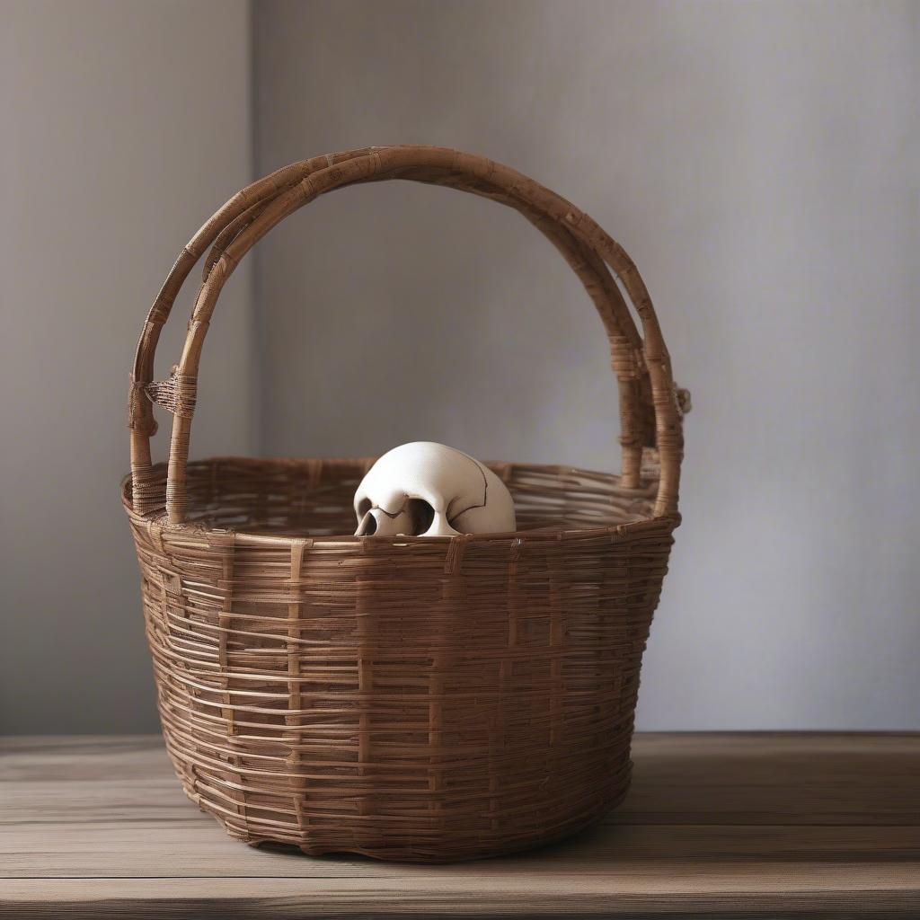 A rattan skull basket placed on a wooden table, highlighting its natural texture and decorative appeal.