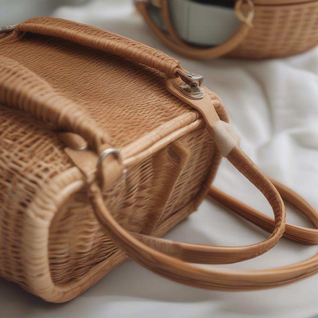 Close-up of a Rattan Top Handle Bag