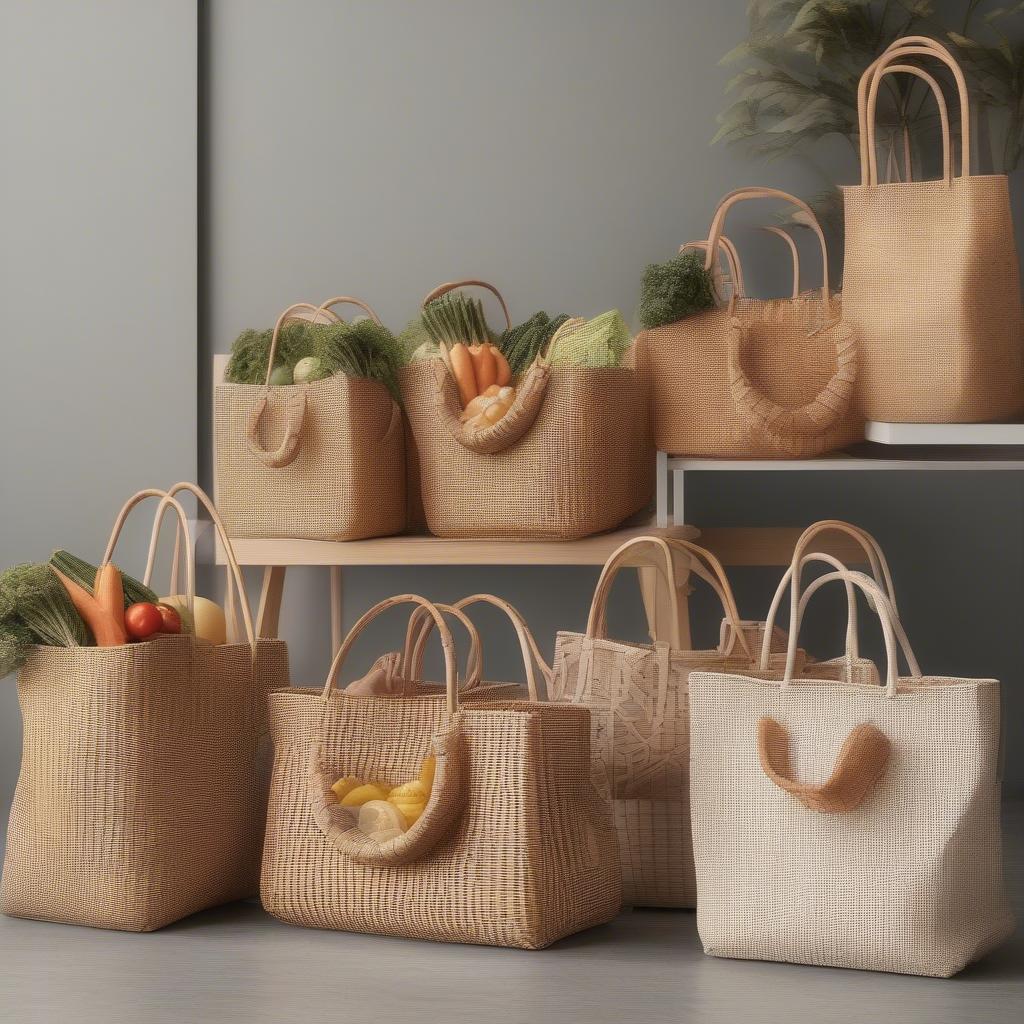 Rattan Tote Bags for Groceries: Displaying several rattan tote bags filled with groceries, showcasing their practicality and style in a real-life setting.