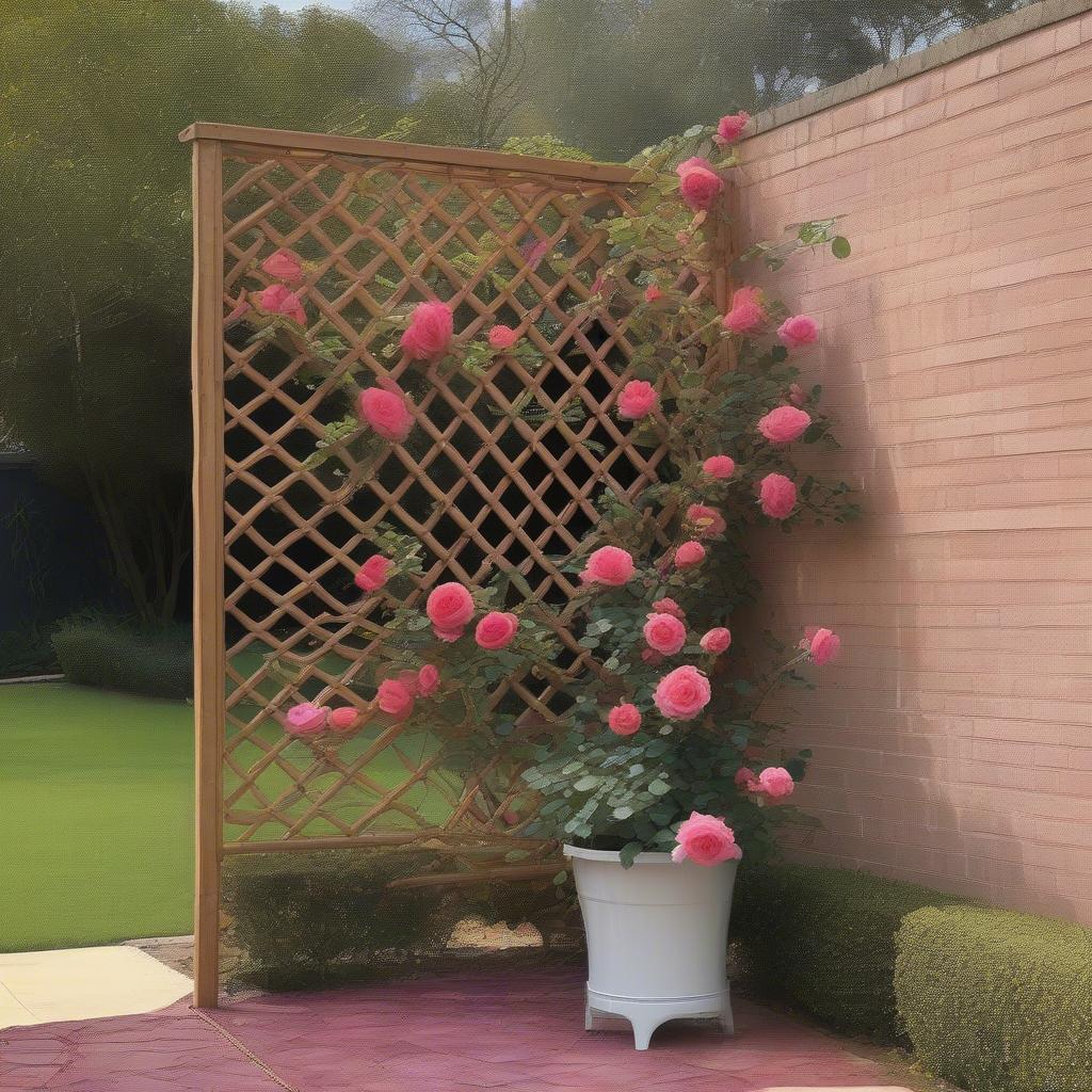 Rattan trellis supporting climbing roses in an Australian garden