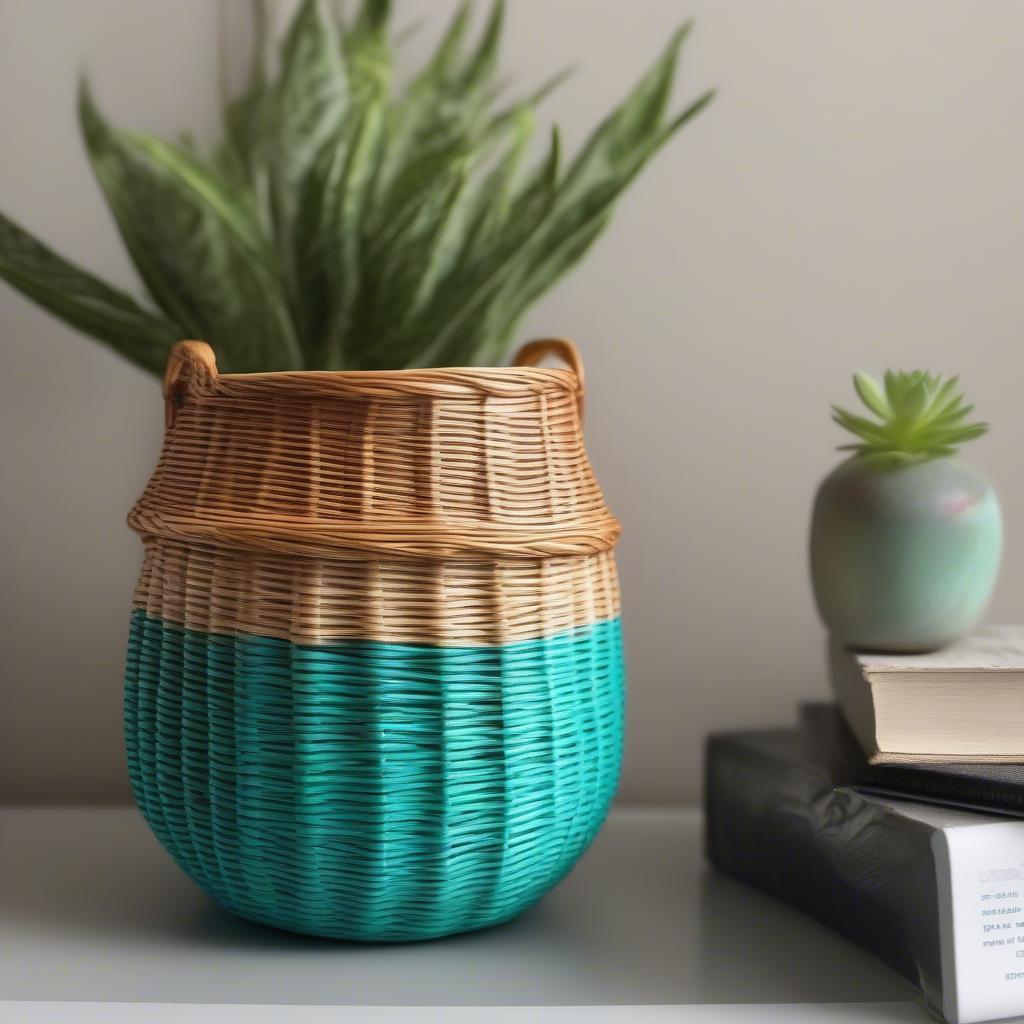 Close-up of a rattan turquoise weave basket in a bedroom