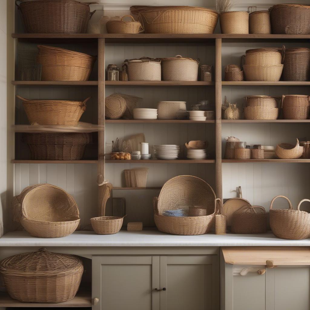 Rattan, Wicker, and Seagrass Baskets Displayed on Country Kitchen Shelves