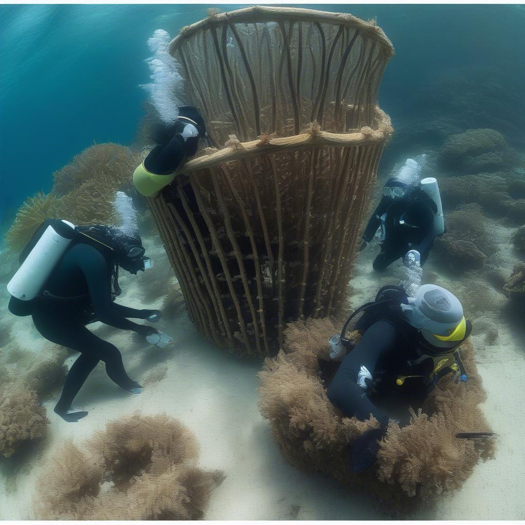 Divers using underwater basket weaving techniques for marine habitat restoration.