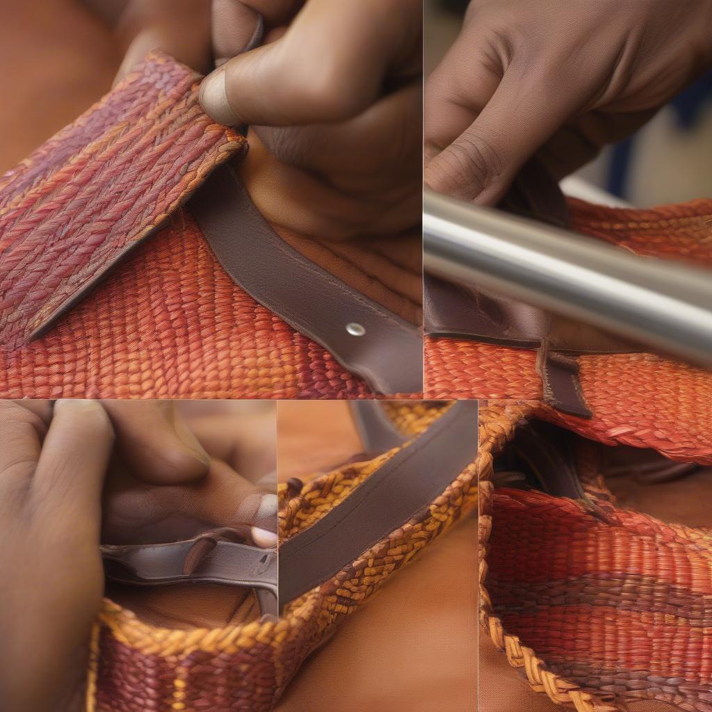 Reattaching a leather strap to an African woven bag using a saddle stitch.