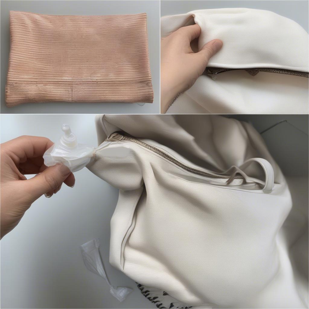 Illustrative image showing how to clean and store a Rebecca Minkoff Woven Mac Bag