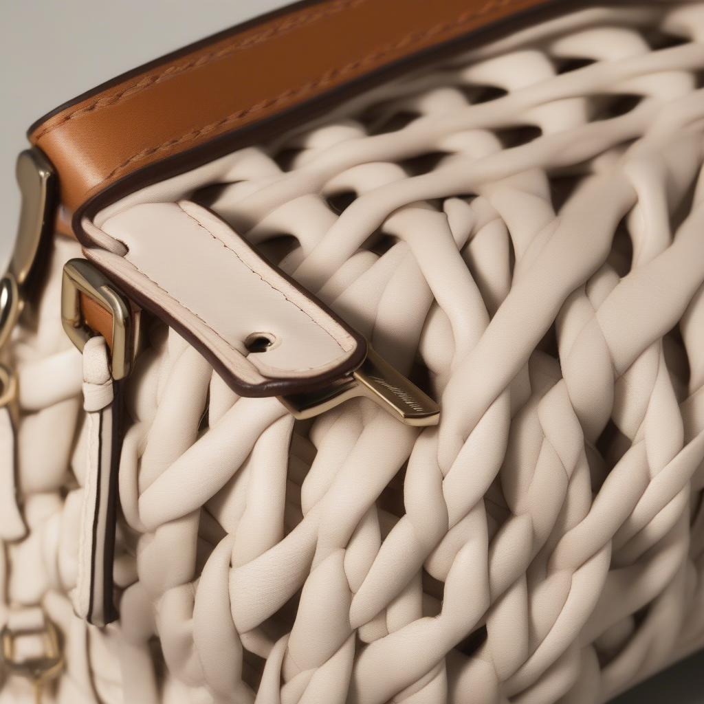 Close-up of Rebecca Minkoff Woven Mac Bag showing intricate woven details and leather accents