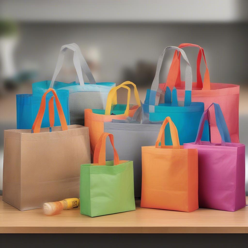 Recyclable non-woven shopping bags in various colors and sizes.