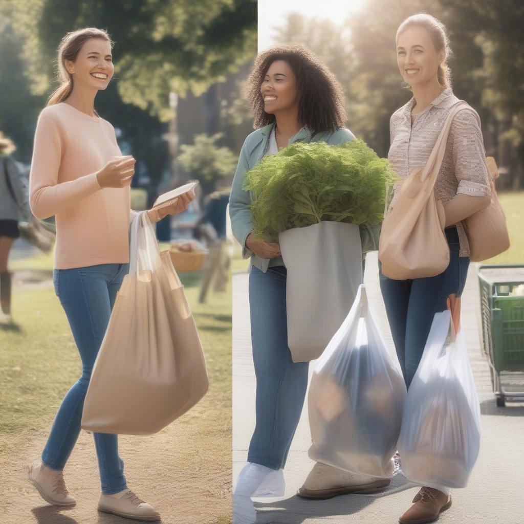 People using recyclable woven polypropylene bags for shopping and other activities